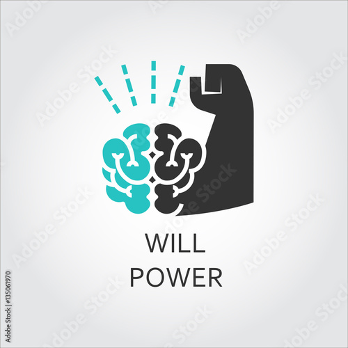 Icon of brain and muscle hand. Willpower concept