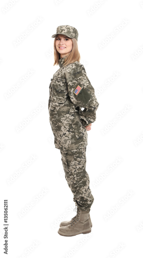Pretty female soldier on white background Pretty female soldier on white background