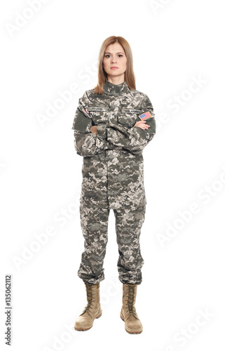 Pretty female soldier on white background