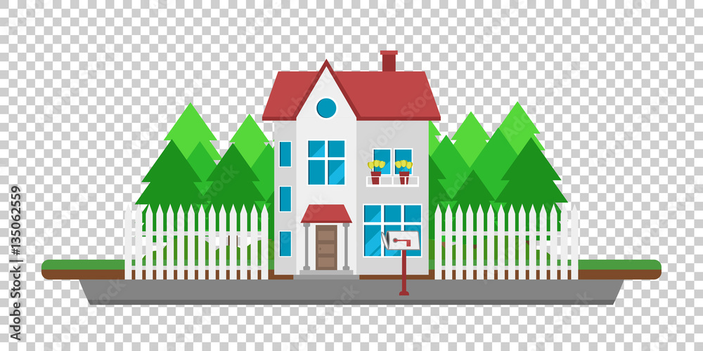 House on the road. Part of the rural and urban landscape. Vector illustration in flat style.