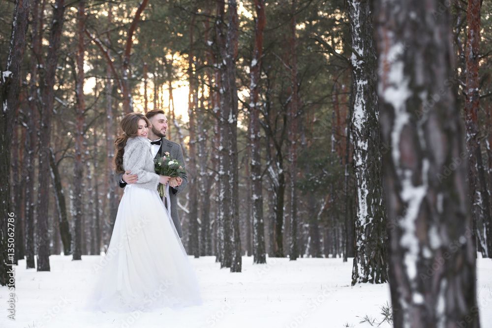 Happy wedding couple outdoors on winter day Happy wedding couple outdoors on winter day