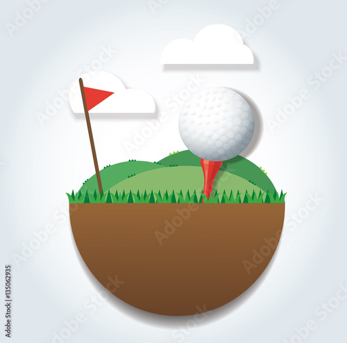 Golf ball on ground and red flag background vector 