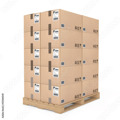 Logistics concept. Cardboard boxes on wooden palette. 3d Renderi