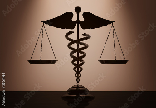 Foto Medical Caduceus Symbol as Scales with backlight over Wall. 3d R