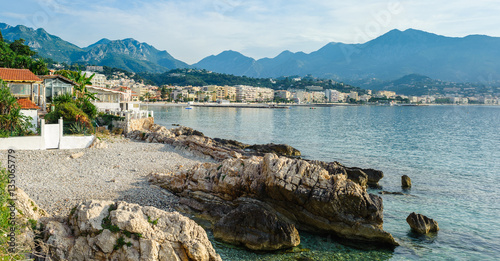 Panorama view of the coast of the Ligurian Sea. Menton, French Riviera, France. photo