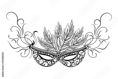Sketch carnival mask. Black outline and decorated with beautiful patterns and flowers. Vector illustration.
