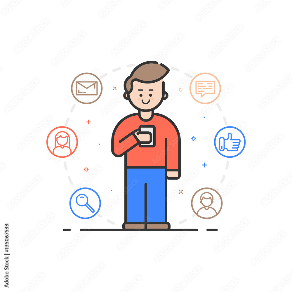 Vector illustration in flat linear style. Boy holding mobile phone with smile on his face. Vector illustration in flat linear style. Boy holding mobile phone with smile on his face.