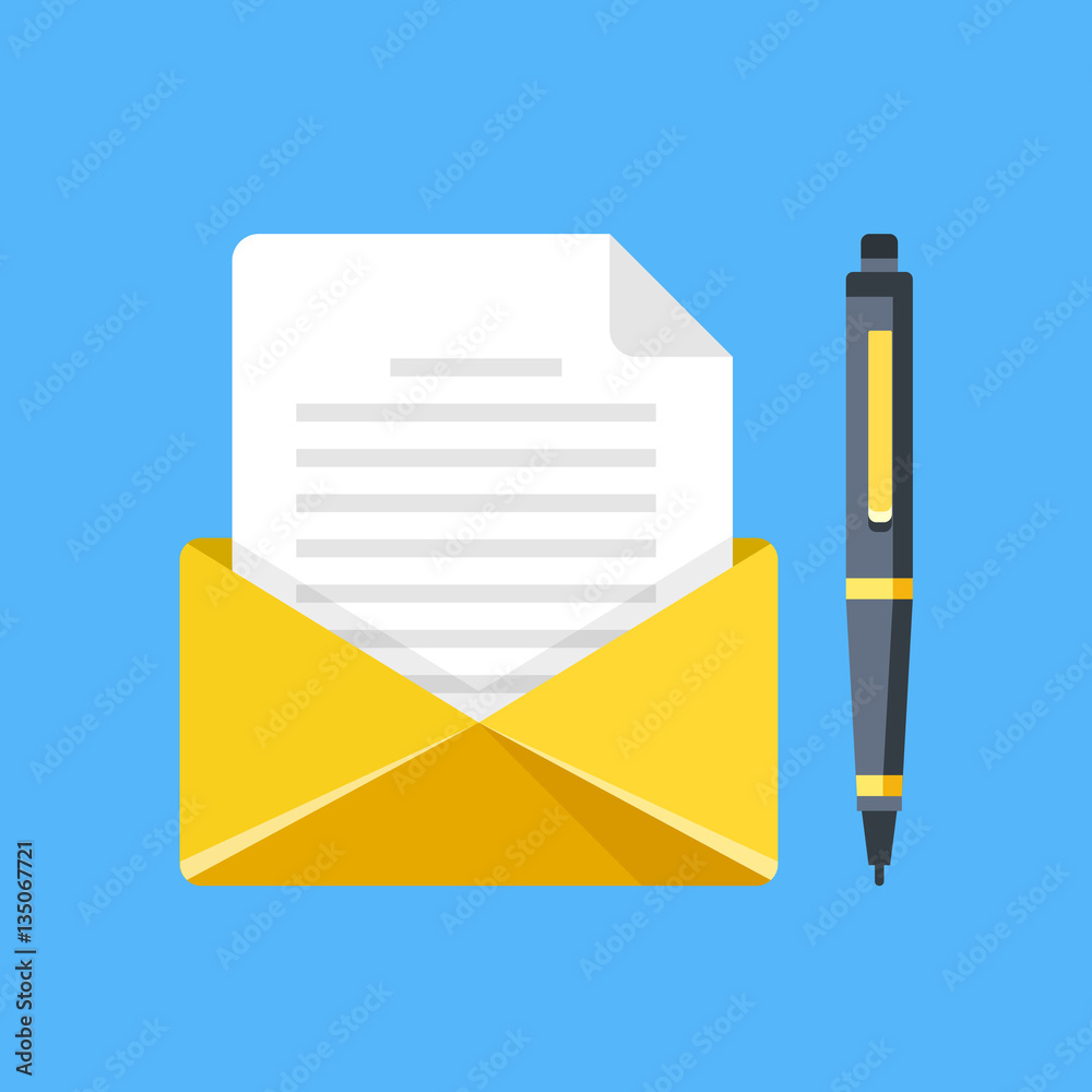 Envelope with letter and pen. Write a letter, e-mail, mail concept. Premium quality. Modern flat design graphic elements. Vector illustration Envelope with letter and pen. Write a letter, e-mail, mail concept. Premium quality. Modern flat design graphic elements. Vector illustration