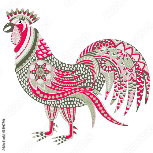 Color rooster on white background. Decorated with floral patterns. Zentangle and doodle style. Vector illustration.