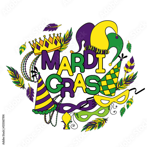 Mardi Gras or Shrove Tuesday. Colorful background with carnival mask and hats, jester's hat, crowns, fleur de lis, feathers and ribbons. Vector illustration