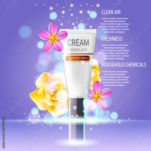 Vector realistic cosmetic bottles with natural elements.