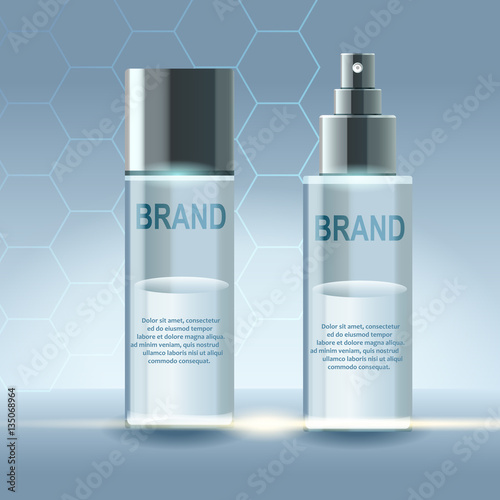 Vector realistic cosmetic bottles with natural elements.