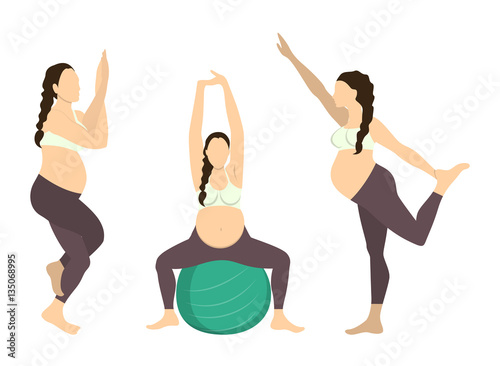 Workout for pregnant set. Yoga training. Healthcare for young mothers. Stretching for health. Exercise with fit ball. One leg standing.