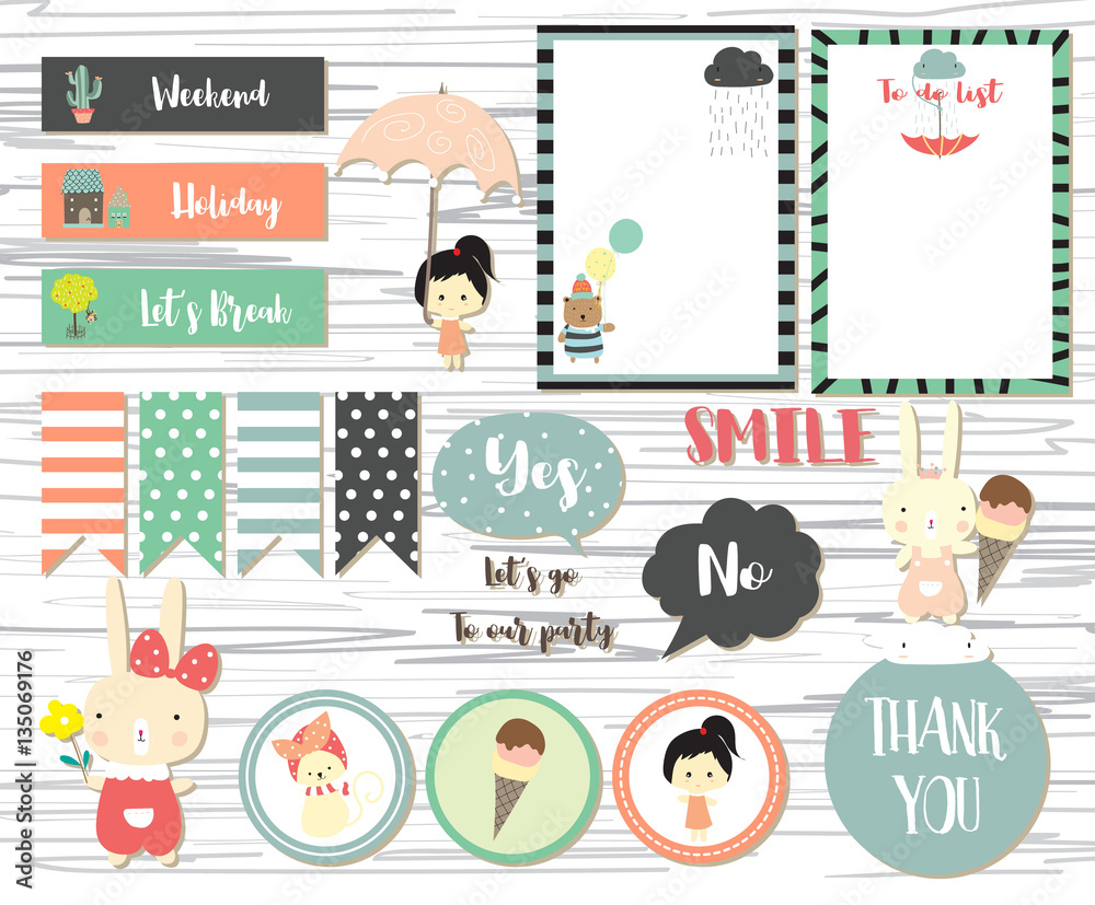 Obraz premium Cute note and sticker with girl,bear,rabbit,ice cream and tree