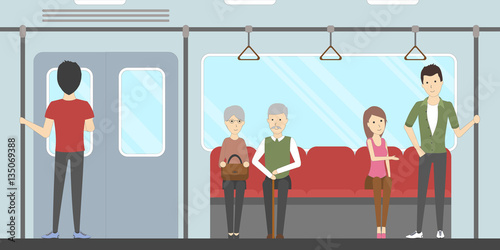 Subway interior set. In train. Seats and windows and rails.