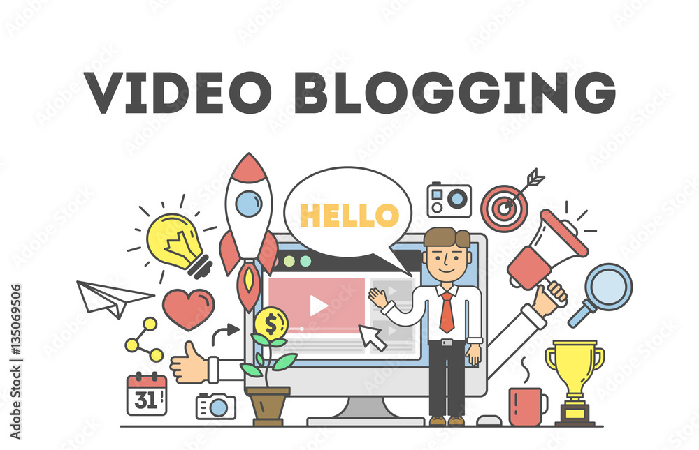 Video blogging concept.Idea of creating videos and vlogs about anything. Illustartion with icons as rocket, laptop screen. White background. Video blogging concept.Idea of creating videos and vlogs about anything. Illustartion with icons as rocket, laptop screen. White background.
