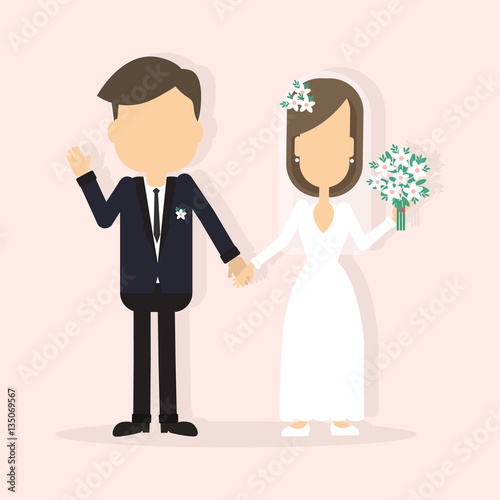 Isolated wedding couple. Bride with bouquet. Decoration for cake.