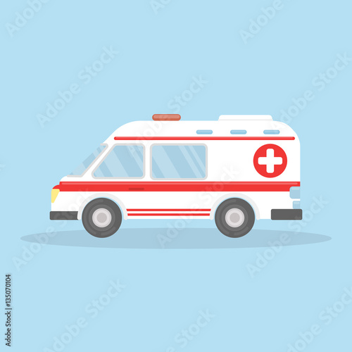 Isolated ambulance car on blue background. White car with red stripes, cross and siren.