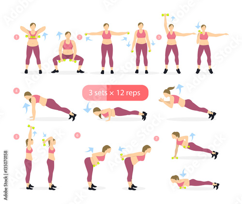 Body workout set. Fat woman doing fitness exercises as squats, plank, deadlift and others. Trying to be fit.