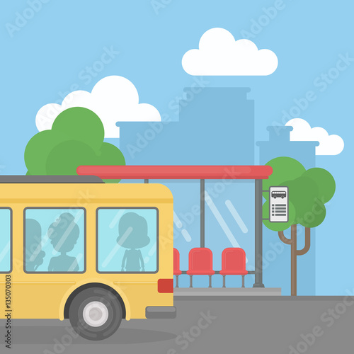 Empty bus stop with bus at urban background. Station with seats, roof and sign.