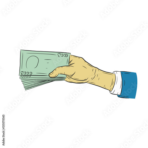 Hand holding money vector on white background.Hand with money sketch. 