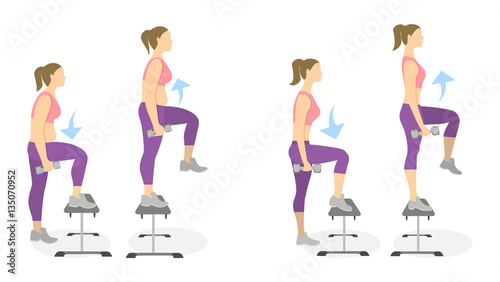 Stepup exercise for legs on white background. Healthy lifestyle. Workout for legs. Exercises for fat women. From fat to skinny.