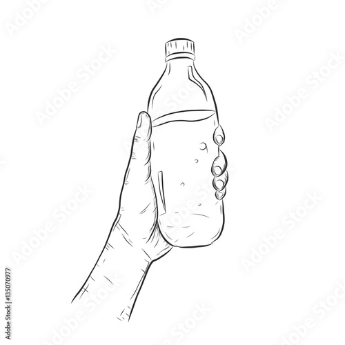 Hand with bottle of water.Bottle of water by hand drawing