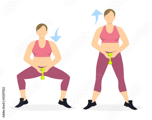 Squats exercise with dumbbels for legs on white background. Healthy lifestyle. Workout for legs. Exercises for fat women.