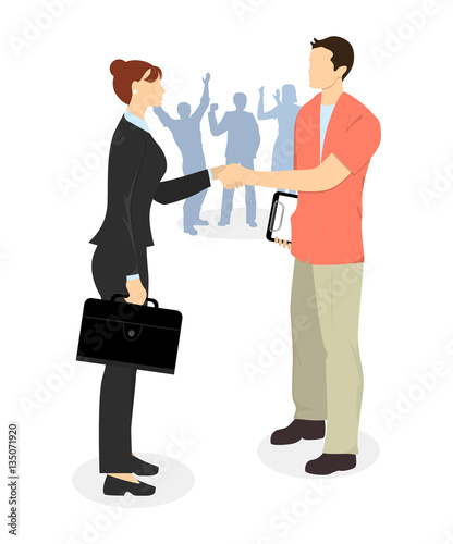 Business agreement handshake. Man and woman shaking hands in agreement. Hiring new employment.