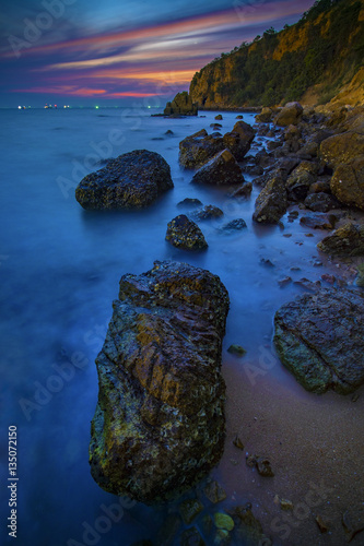 beautiful sun set sky at laem chabang sea beach chonburi eastern of thailand photo