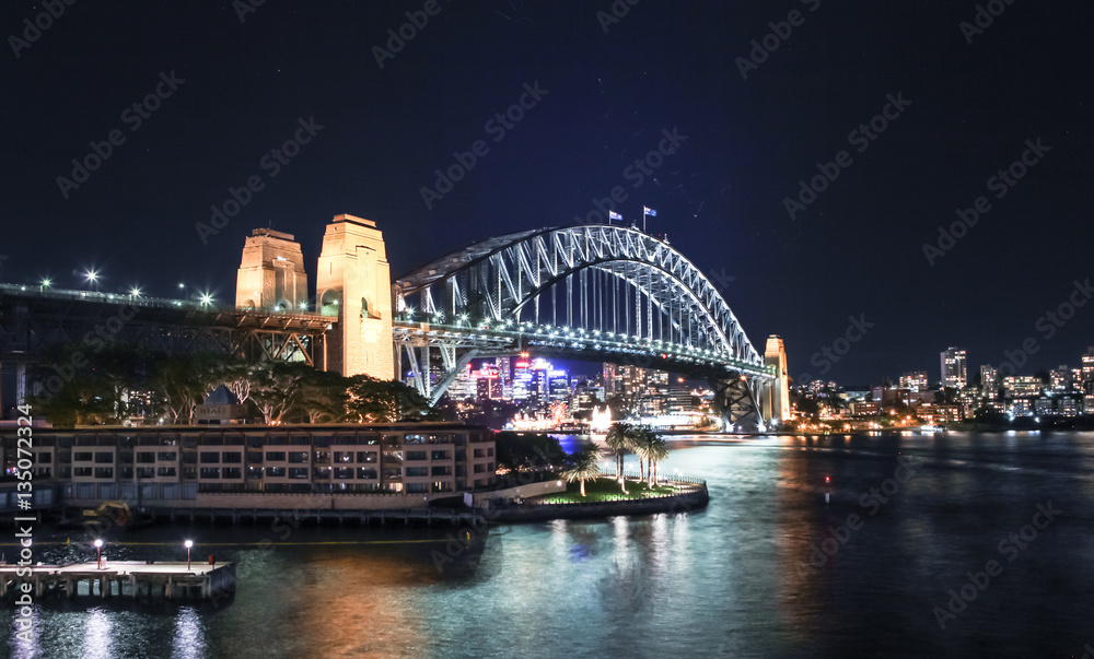 Sydney Harbour night time Panorama with bridge  in North Sydney