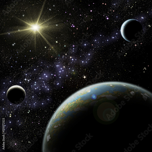 Alien planet with two satellites in the deep space.