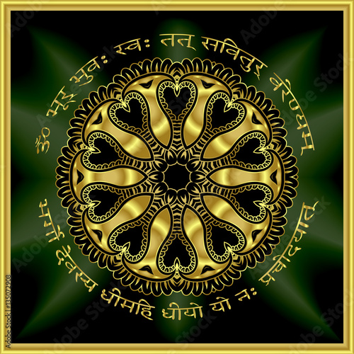Gold mandala mantra gayatri om. Indian decorative pattern Elements. Round black flower. Emerald light
