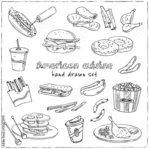 Vector hand drawn set of american cuisine. hot dog, hamburger and cheeseburger, sandwich, steak, sausage, ketchup.