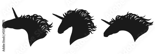 Vector unicorn head silhouettes set. Isolated group of a unicorns heads  black on white
