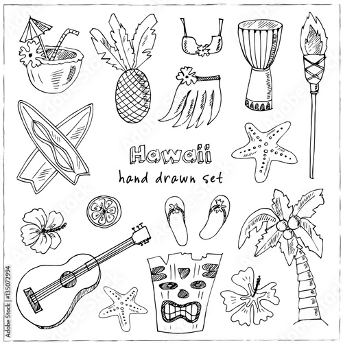 Hawaii Symbols and Icons, including Hula skirt, tiki gods, totem pole, drums, guitar, palm