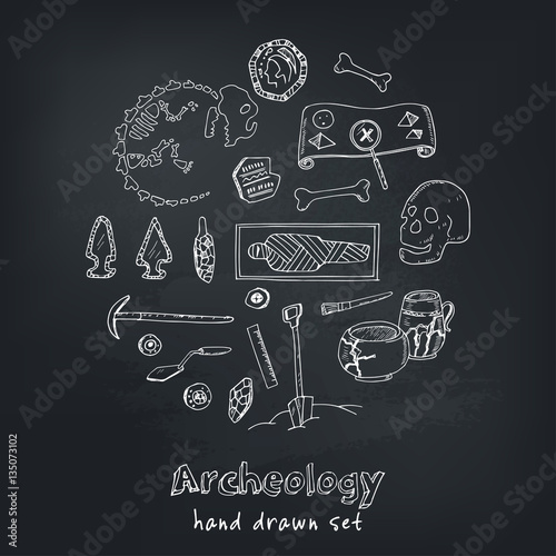 Archeology hand drawn sketch set of paleontological and archaeological ancient finds isolated vector illustration
