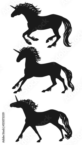 Vector running unicorns silhouettes set. Isolated galloping group of a unicorns  black on white