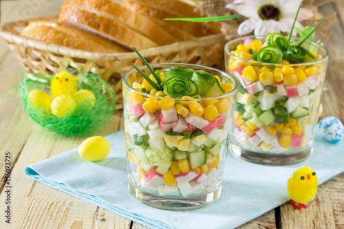 Salad with crab sticks, eggs, corn and fresh cucumber - the idea