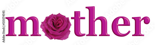 Mother's Day Special Pink Rose banner - the word MOTHER with a beautiful pink rose in place of the O with rare heart shaped central petals on a white background 