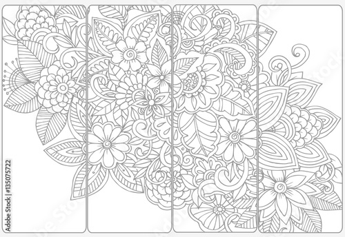 Floral doodles for coloring.Vector set of monochrome bookmarks .