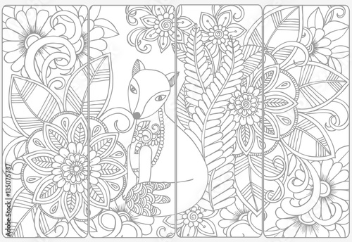 Cute fox and floral doodles for coloring.Vector set of monochrom