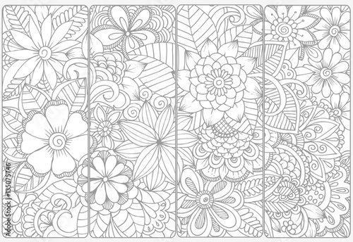 Floral doodles for coloring.Vector set of monochrome bookmarks .