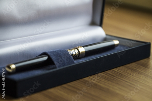 Fountain pen and case on wooden background