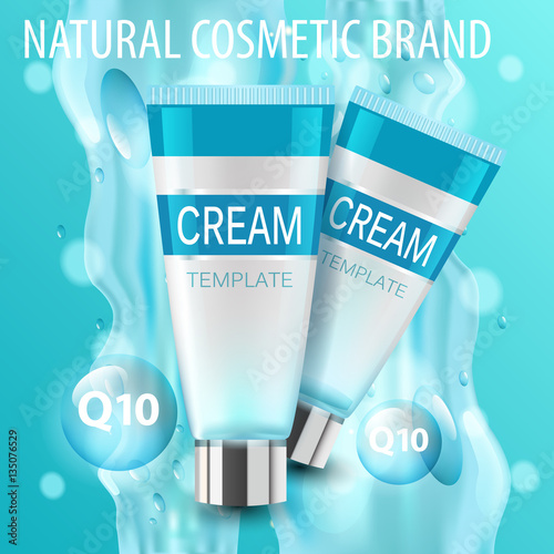 Vector realistic cosmetic bottles with natural elements.