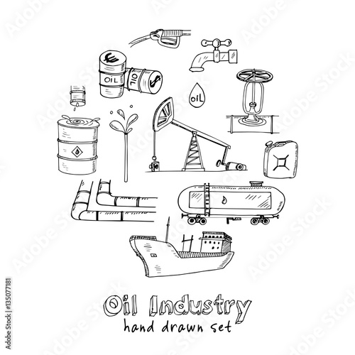 Factory oil industry hand drawn set vector illustration