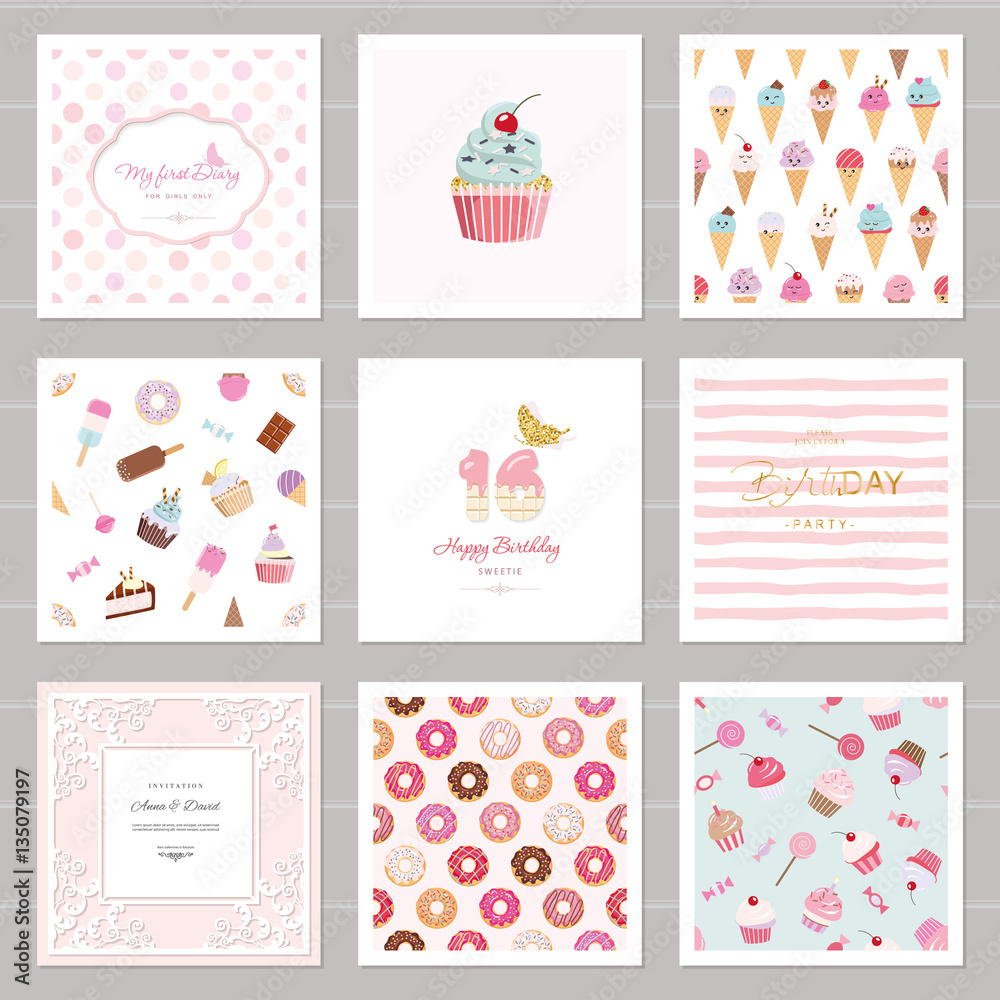 Cute card templates set for girls. Including frames, seamless patterns