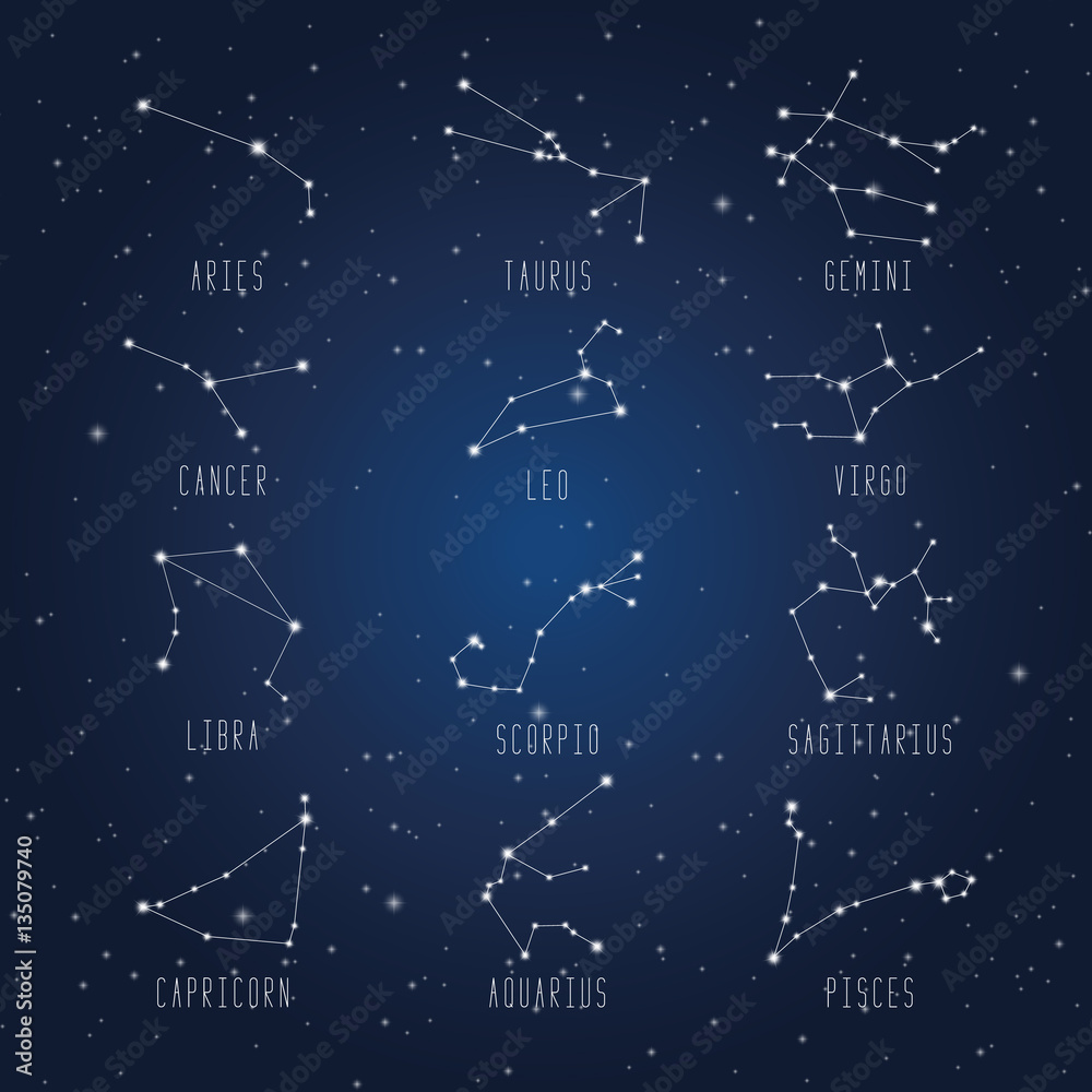 Set of zodiac constellation on the background of starry sky with names