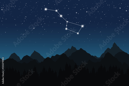 Vector illustration of Ursa Major constellation on the background of starry sky and night mountain landscape