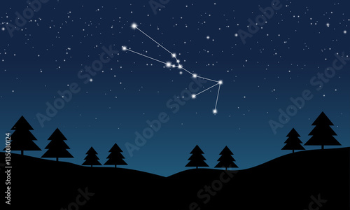 Vector illustration of Taurus constellation on the background of starry sky and night landscape